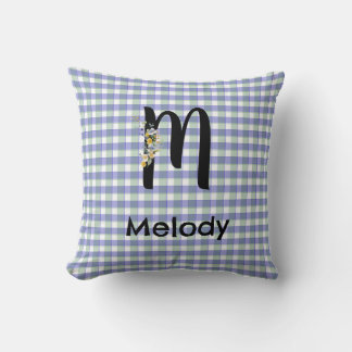 Monogram flower gingham blue green pattern cushion