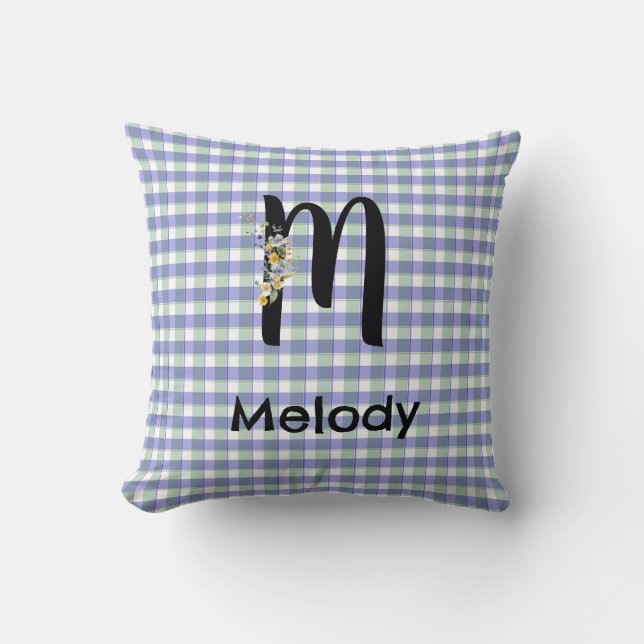 Monogram  flower gingham blue green pattern cushion (Front)
