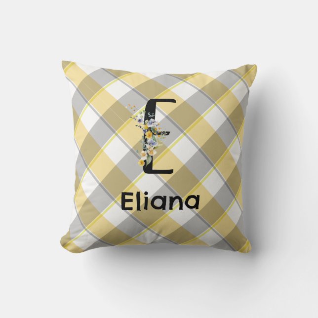 Monogram  flower gingham blue grey  cushion (Front)