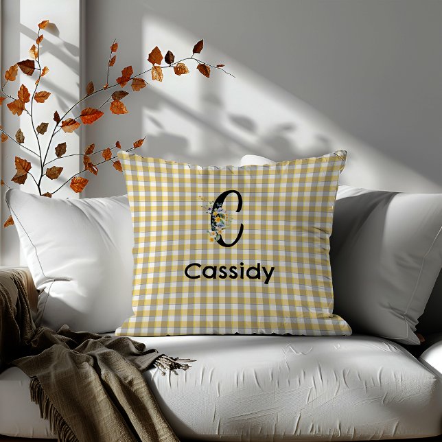 Monogram  flower gingham blue grey pattern cushion (Creator Uploaded)