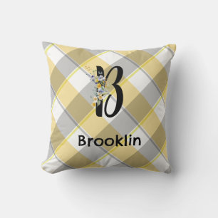 Monogram flower gingham blue grey pattern cushion