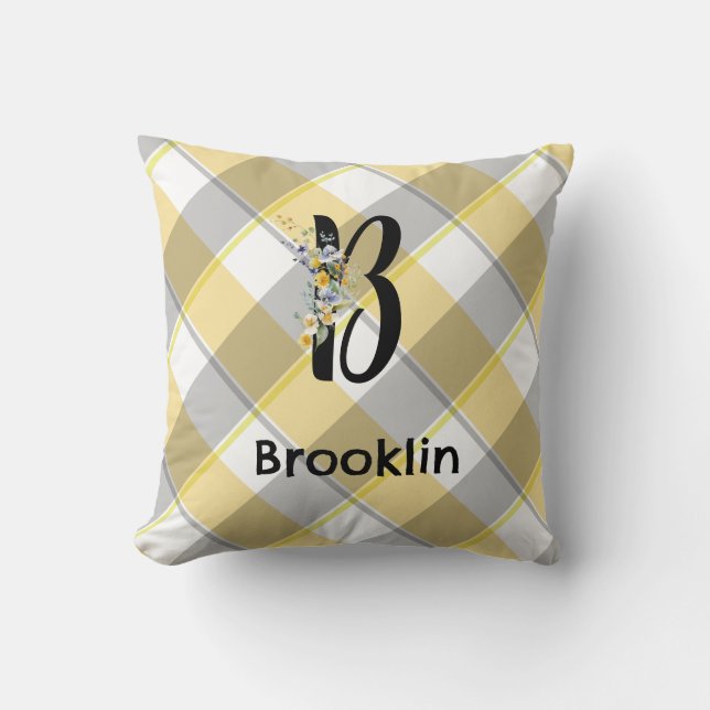 Monogram flower gingham blue grey pattern cushion (Front)