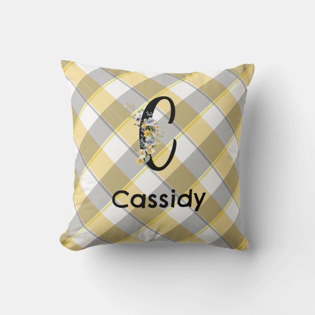 Monogram  flower gingham blue grey pattern cushion (Front)