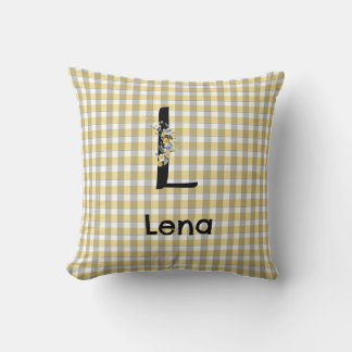 Monogram flower gingham yellow grey pattern cushion
