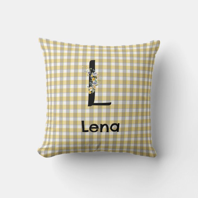 Monogram  flower gingham yellow grey pattern cushion (Front)