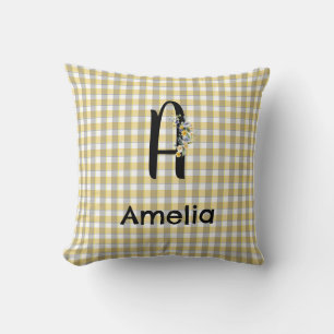 Monogram  flower gingham yellow grey pattern cushion