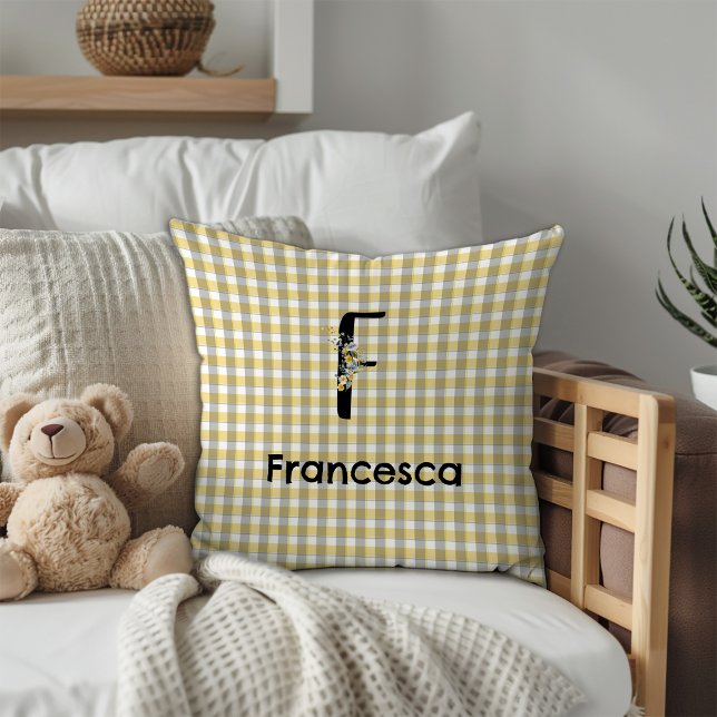 Monogram  flower gingham yellow grey pattern cushion (Creator Uploaded)