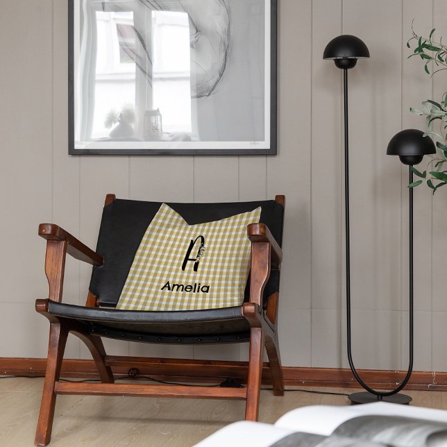 Monogram  flower gingham yellow grey pattern cushion (Creator Uploaded)