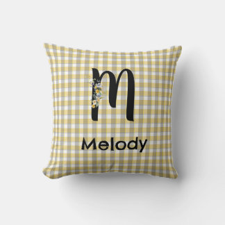 Monogram flower gingham yellow grey pattern cushion