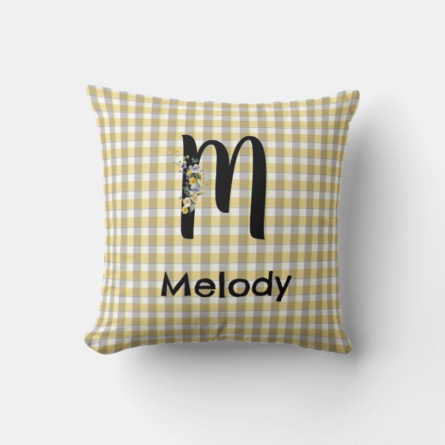 Monogram  flower gingham yellow grey pattern cushion (Front)