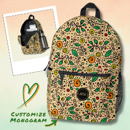 Monogram Flower Pattern orange Swirl Berry Orange  Printed Backpack