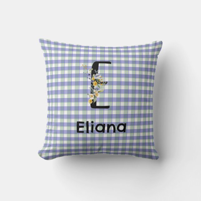 Monogram  flower retro gingham blue green  cushion (Front)