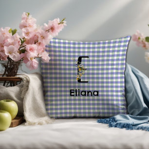 Monogram flower retro gingham blue green cushion
