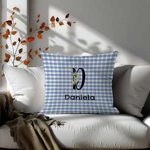 Monogram  flower retro gingham blue green  cushion