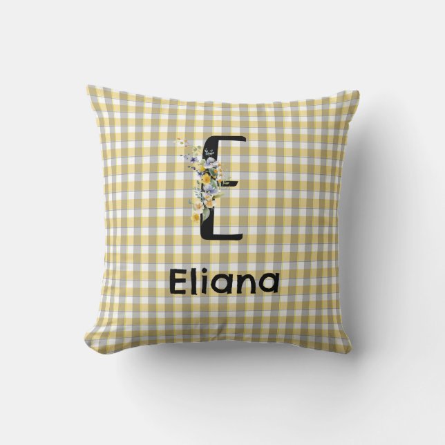 Monogram  flower retro gingham blue grey  cushion (Front)