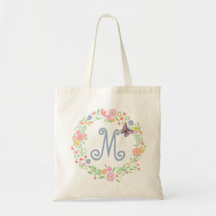 Monogram Flower Wreath and Butterfly BOHO Muslin Tote Bag