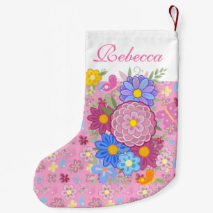 Monogram Flowers and butterfly floral design pink Small Christmas Stocking