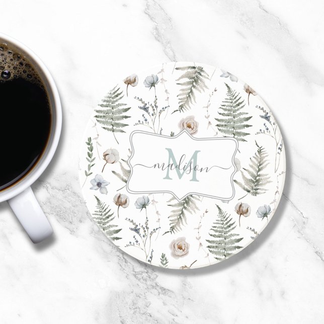 Monogram Flowers and Fern Leaves Floral Botanical Coaster (In situ)
