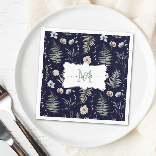 Monogram Flowers and Fern Leaves Floral Botanical Napkin (In situ)