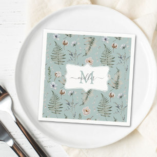 Monogram Flowers and Fern Leaves Floral Botanical Napkin