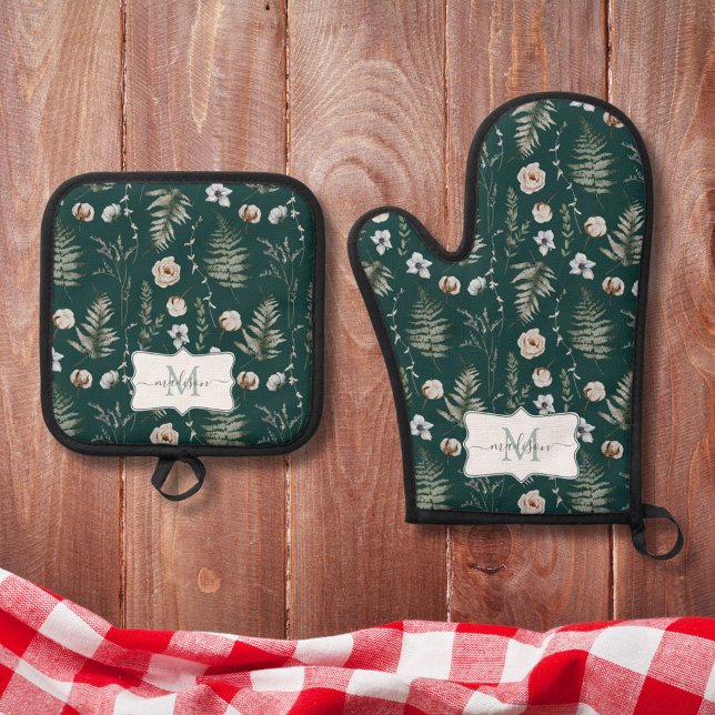 Monogram Flowers and Fern Leaves Floral Botanical Oven Mitt & Pot Holder Set (In situ)