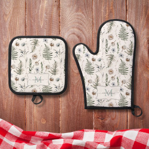 Monogram Flowers and Fern Leaves Floral Botanical Oven Mitt & Pot Holder Set