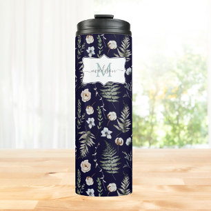 Monogram Flowers and Fern Leaves Floral Botanical Thermal Tumbler