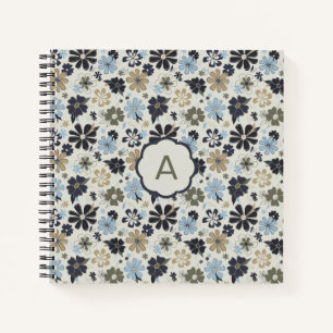 Monogram Flowers Blue Tan Olive Floral Pattern Notebook