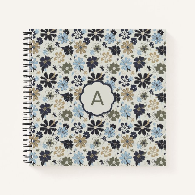 Monogram Flowers Blue Tan Olive Floral Pattern Notebook (Front)