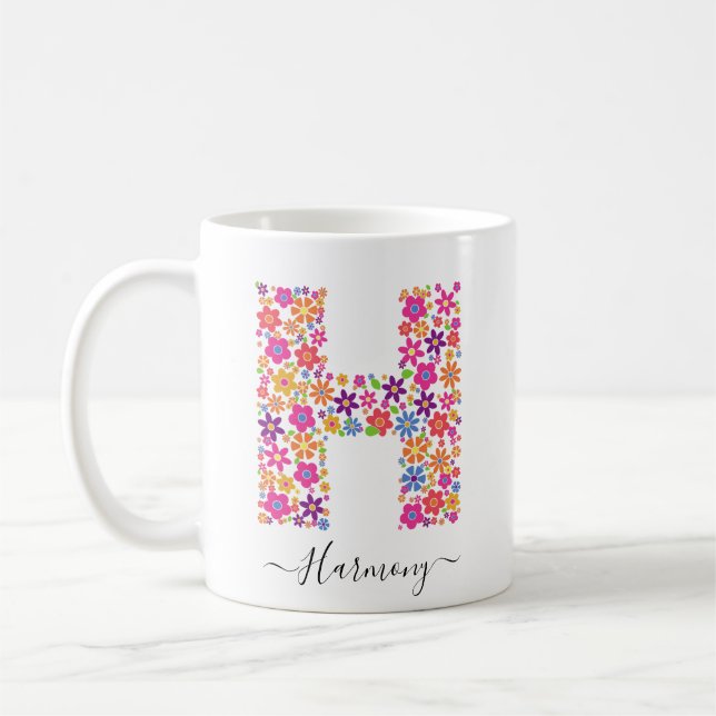 Monogram Flowers Custom Text - Floral Letter H Coffee Mug (Left)