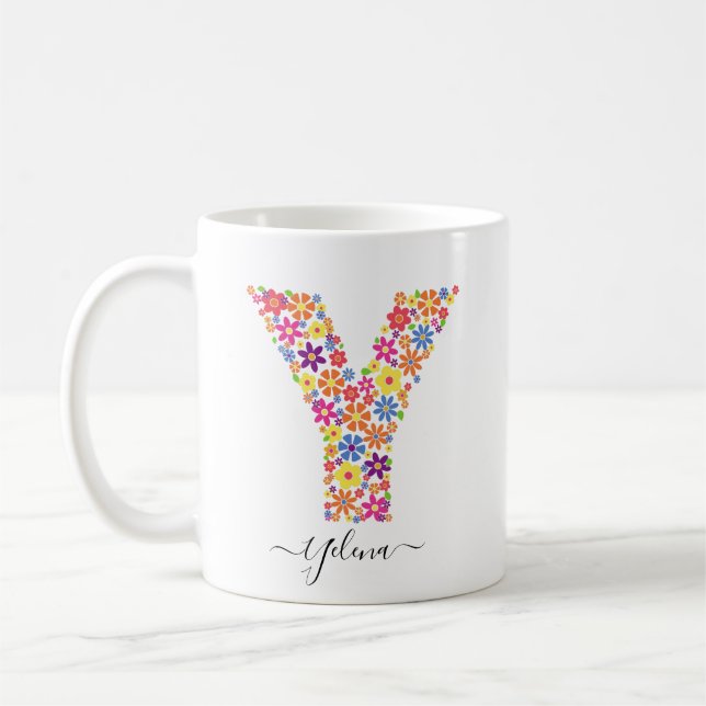 Monogram Flowers Custom Text - Floral Letter Y Coffee Mug (Left)