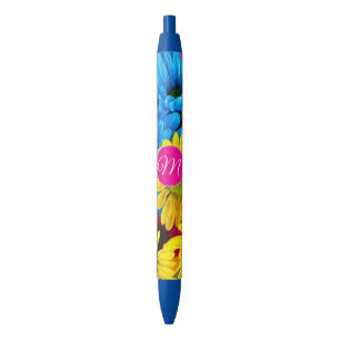 Monogram Flowers in Fluorescent Colours Black Ink Pen