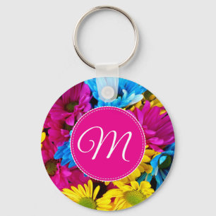 Monogram Flowers in Fluorescent Colours Key Ring
