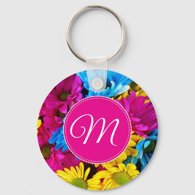 Monogram Flowers in Fluorescent Colours Key Ring (Front)
