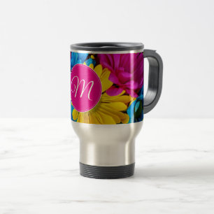 Monogram Flowers in Fluorescent Colours Travel Mug