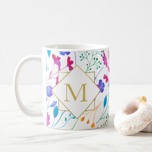 Monogram Fluro Floral Bold Colour White Mug (With Donut)