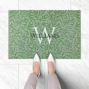 Monogram Foliage William Morris Green Leaves Blue Doormat