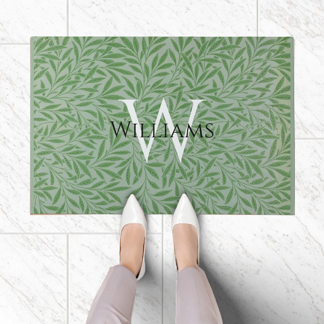 Monogram Foliage William Morris Green Leaves Blue Doormat (Creator Uploaded)