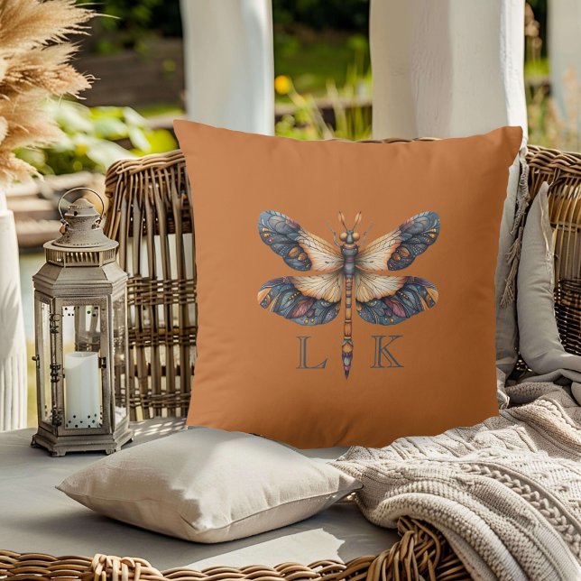 Monogram Folk Art Dragonfly Orange Purple Blue Cushion (Creator Uploaded)