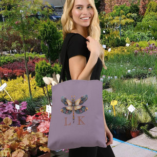 Monogram Folk Art Dragonfly Purple Tote Bag