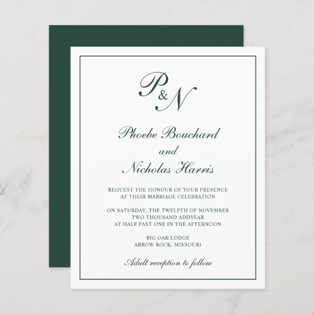 Monogram Forest Green Budget Wedding Invitation (Front/Back)