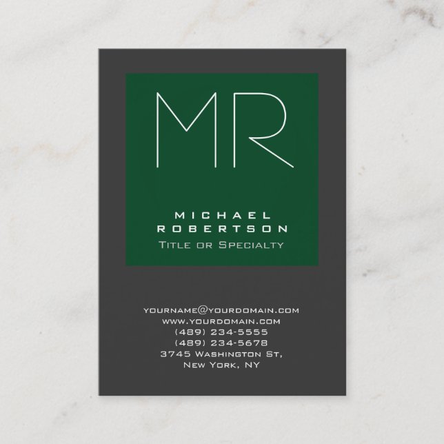 Monogram Forest Green Grey Chubby Business Card (Front)