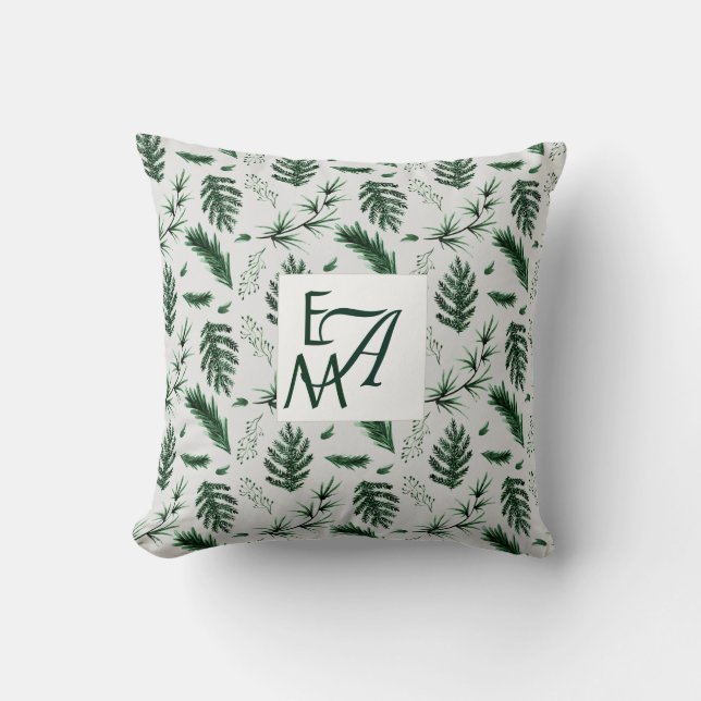 Monogram Forest Green Leaves Botanical 3 Initials Cushion (Front)
