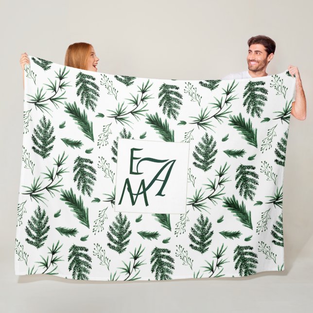 Monogram Forest Green Leaves Botanical 3 Initials Fleece Blanket (In Situ)