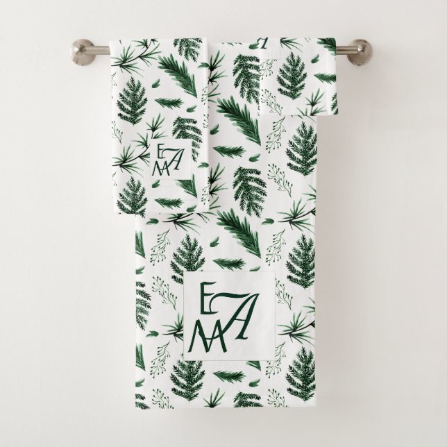 Monogram Forest Green Leaves Newlyweds Wedding Bath Towel Set (Insitu)