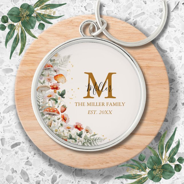 Monogram Forest Mushrooms Flowers Floral botanical Key Ring (In situ)