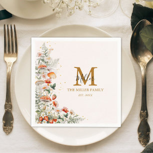 Monogram Forest Mushrooms Flowers Floral botanical Napkin