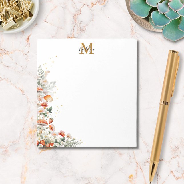 Monogram Forest Mushrooms Flowers Floral botanical Notepad (In situ)