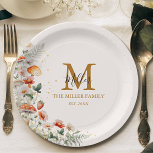 Monogram Forest Mushrooms Flowers Floral botanical Paper Plate