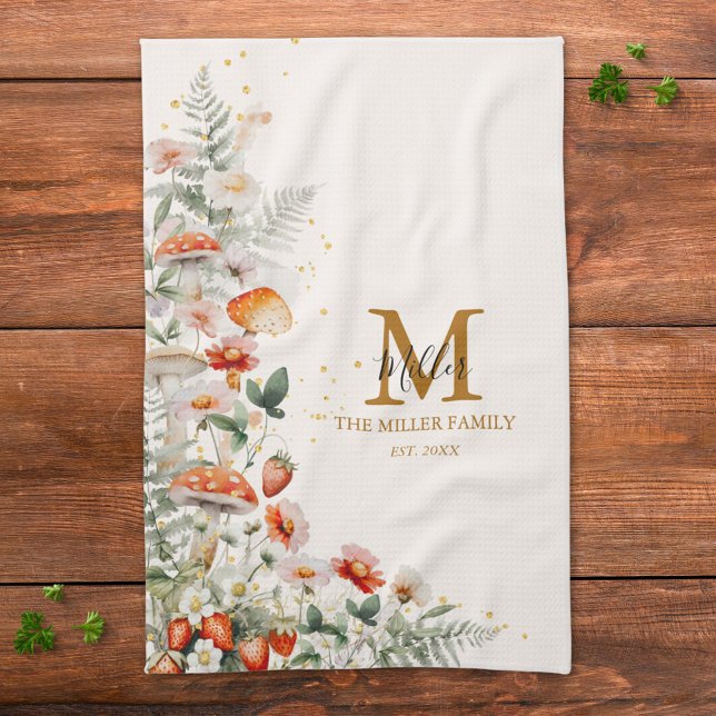 Monogram Forest Mushrooms Flowers Floral botanical Tea Towel (In situ)